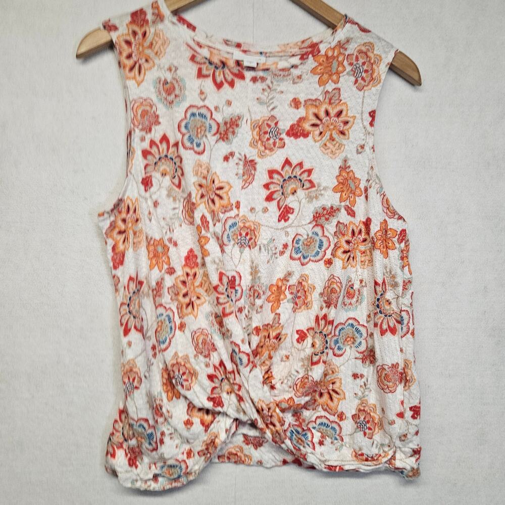 J Jill Love Linen Womens Floral Paisley Twist Front Sleeveless Top Linen Coral